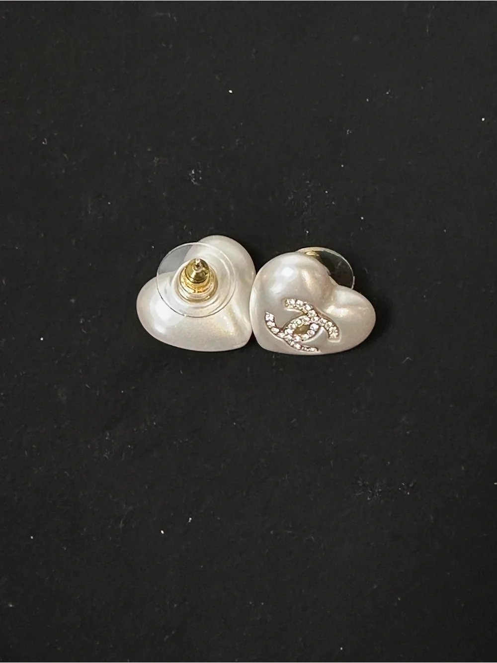 CHANEL Pearlized White Heart Stud Earrings with Crystal CC Emblem